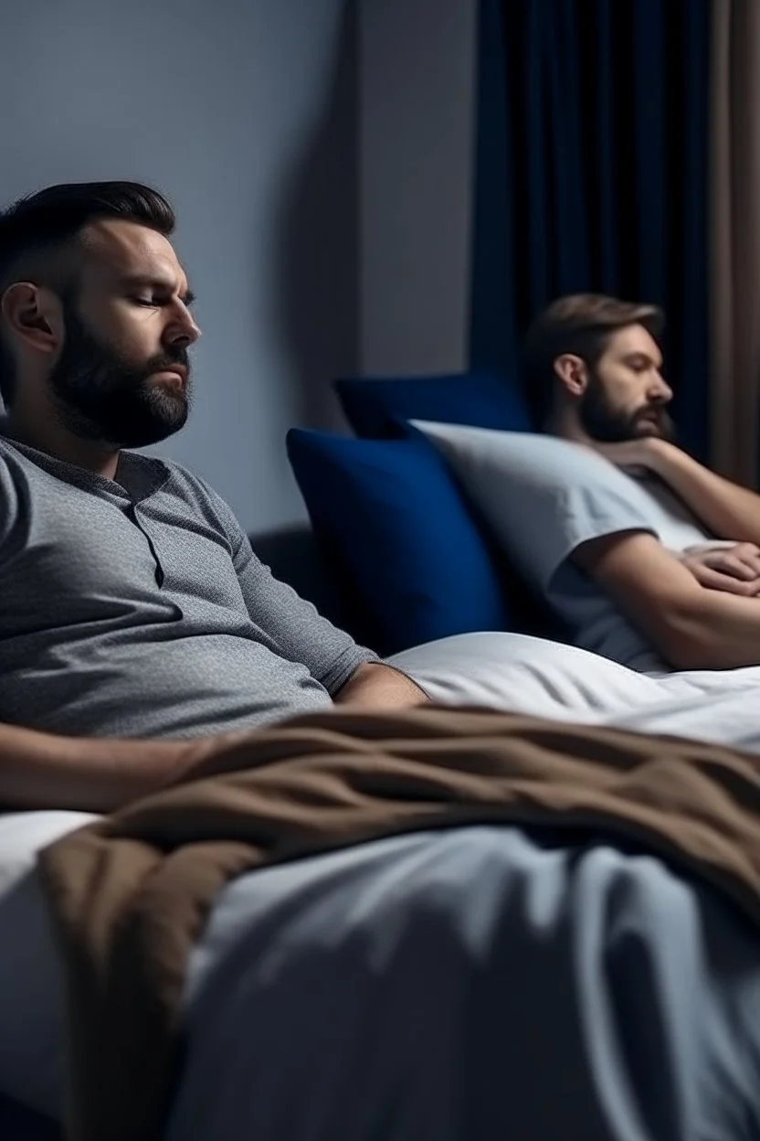 sitting next to a man, that is sleeping on a bed