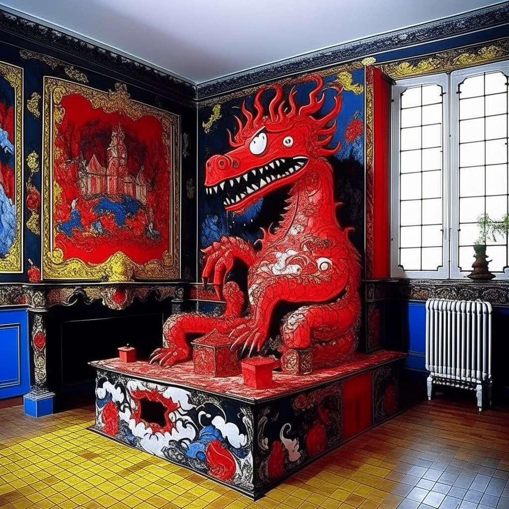 A Japanese palace with a red fire dragon painted by Jean Dubuffet