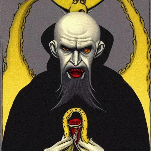 Nosferatu with yellow eyes with fleshy tentacle hair beard grey skin and red fangs as a Russian Orthodox