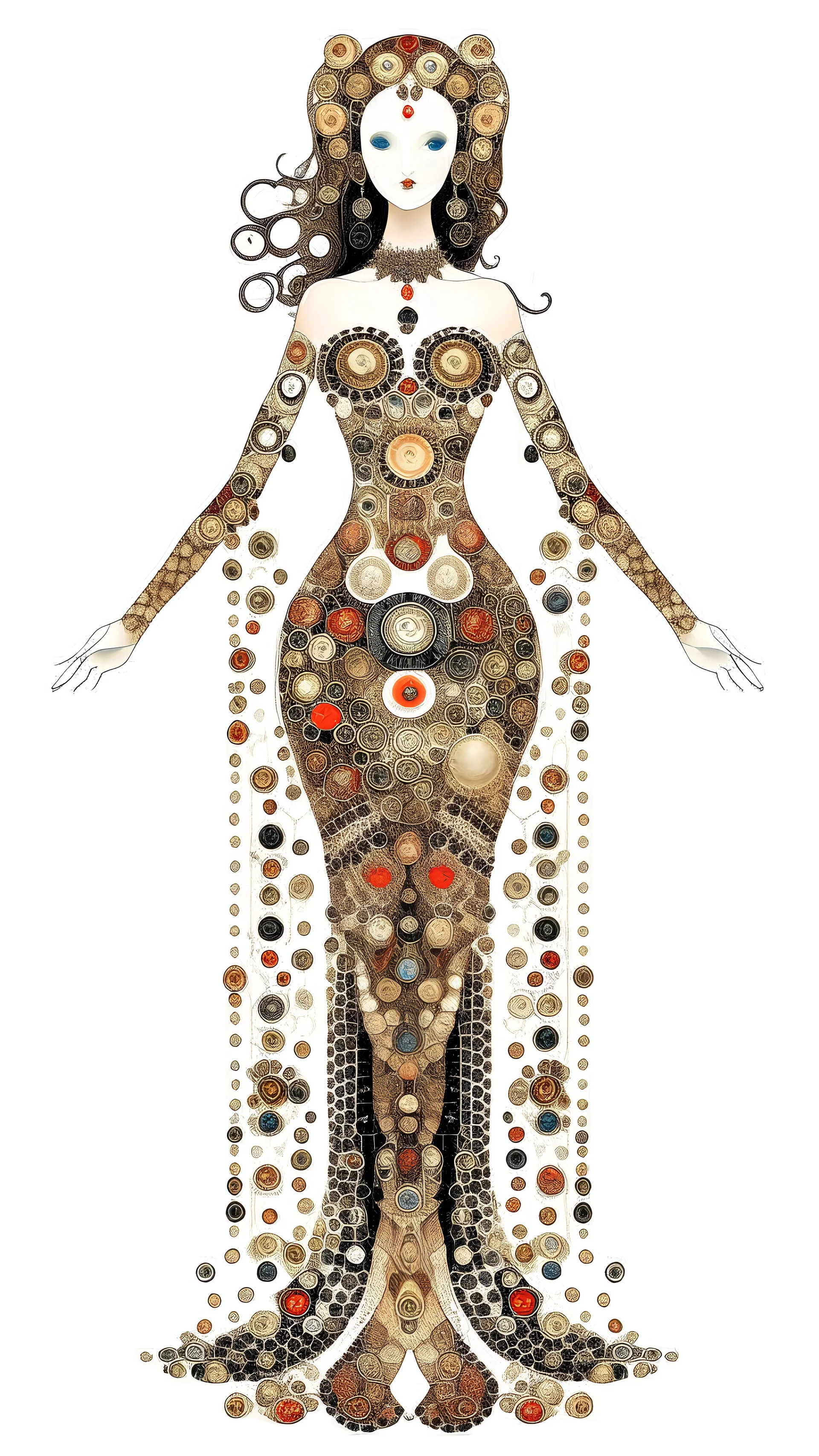 a full length image of a goddess made entirely of eyeballs, illustrated