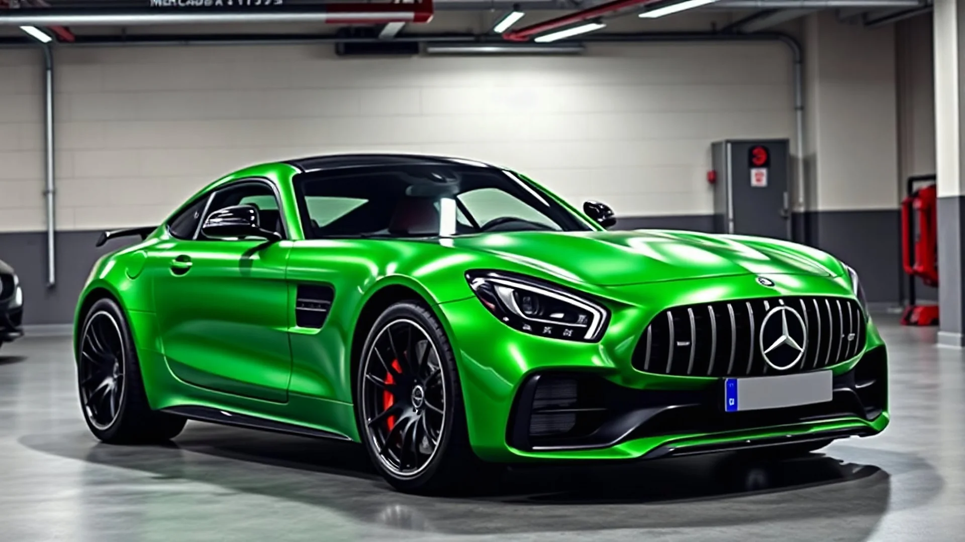 Mercedes-Benz AMG GT63s, green color, parked in a luxury garage and the car is facing left.