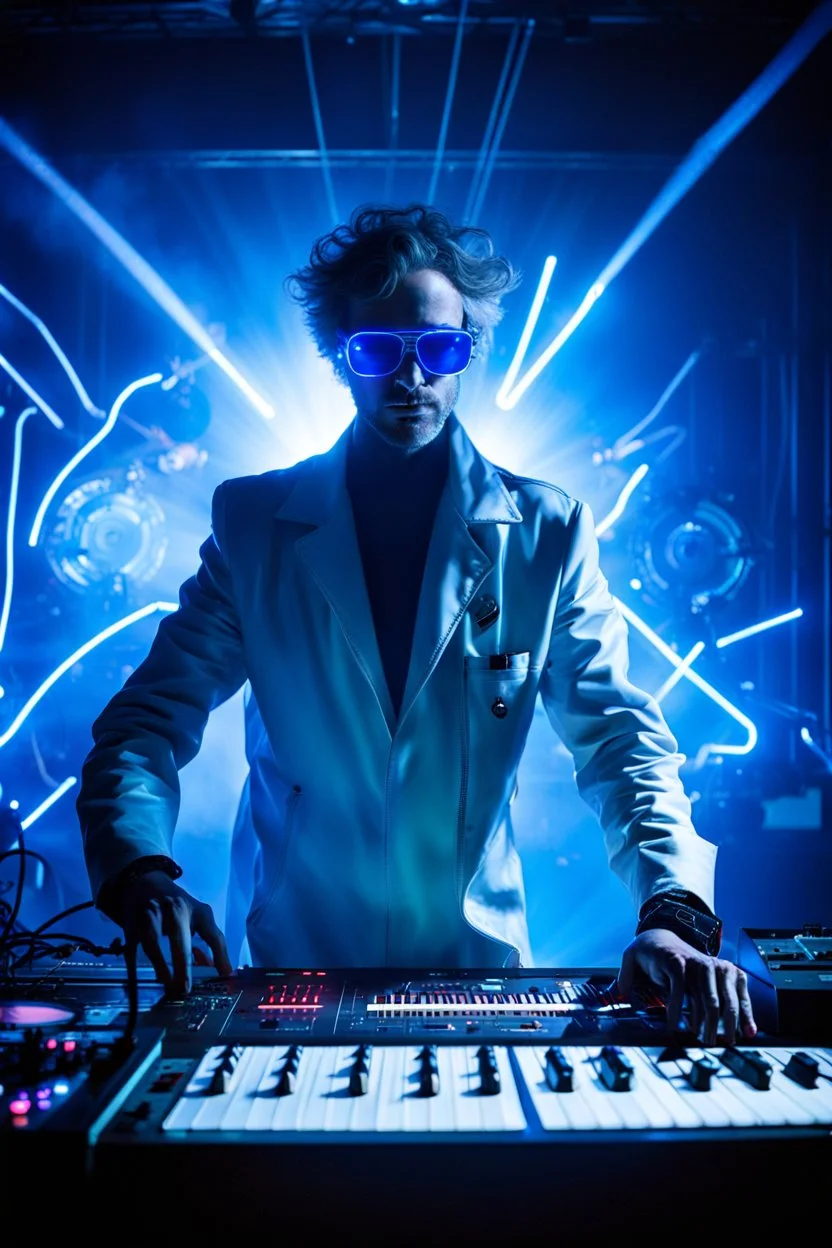 French cool synth player, he is called "Jean-Maurice Brûlée" performing at dance club, his name is "Jean-Maurice Brûlée" , white and blue Neon lights and smog, and "URANIUM" big sign on the wall, he is playing on synthesizers on stage with lot of laser beams and wearing black sunglasses