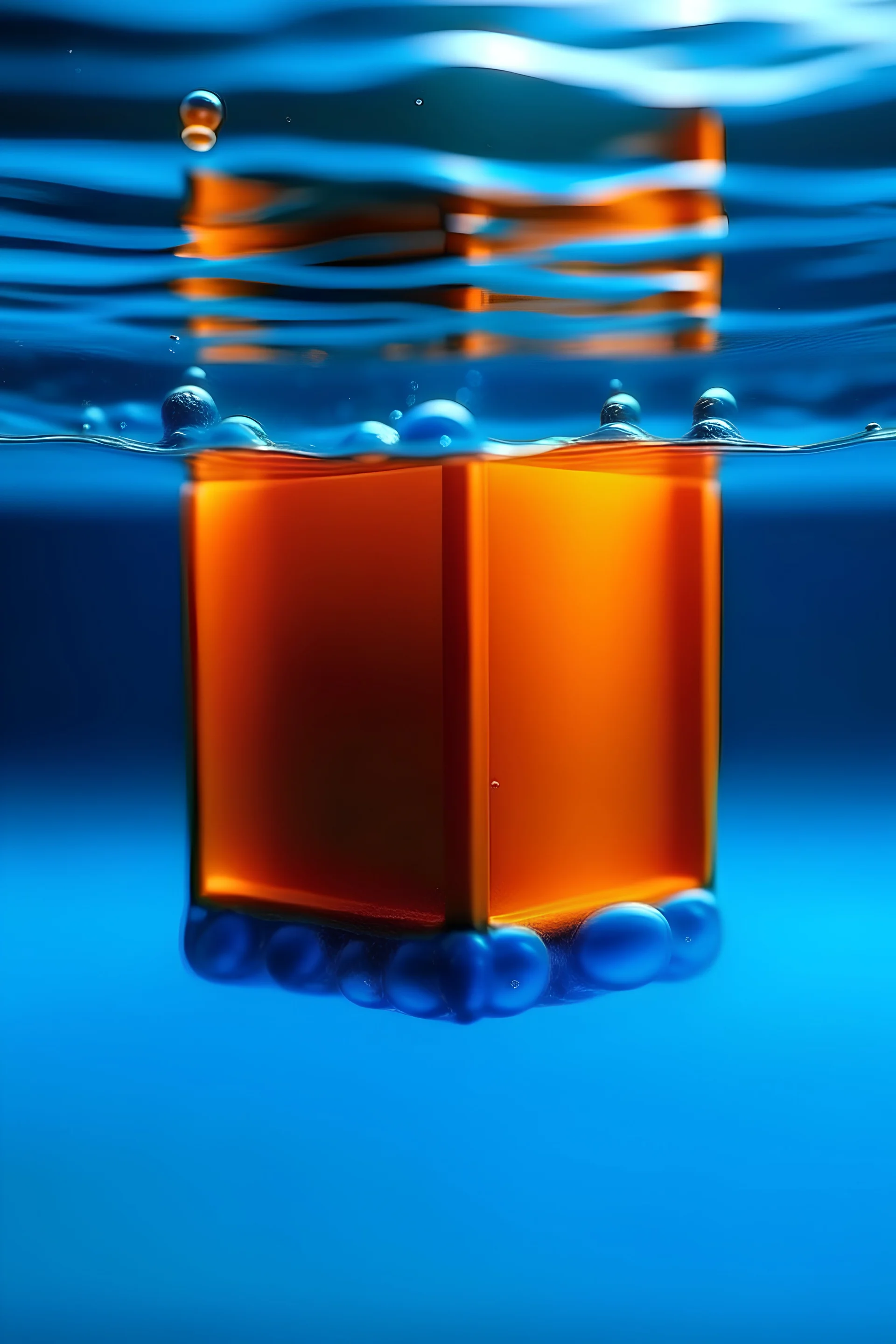 3d cube with orange color under blue water