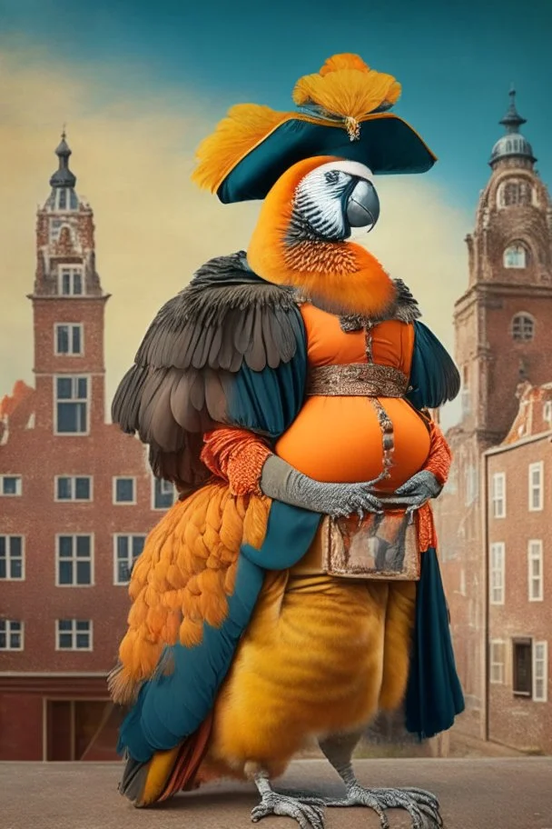 Pregnant Half parrot half human in a old 1700s orange Dutch uniform in front of a Dutch city