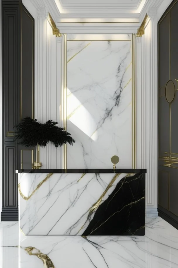 Reception room with a white marble wall with golden veins and a black reception desk