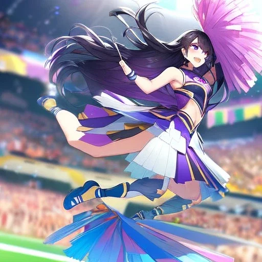 Clear focus,8k,Beatiful Lighting,Beatiful Blur,Beatiful Face,Beatiful Shading,Black long hair,silky hair, long silky bangs, Purple eyes, wearing a cheerleading outfit, Jumping, happy