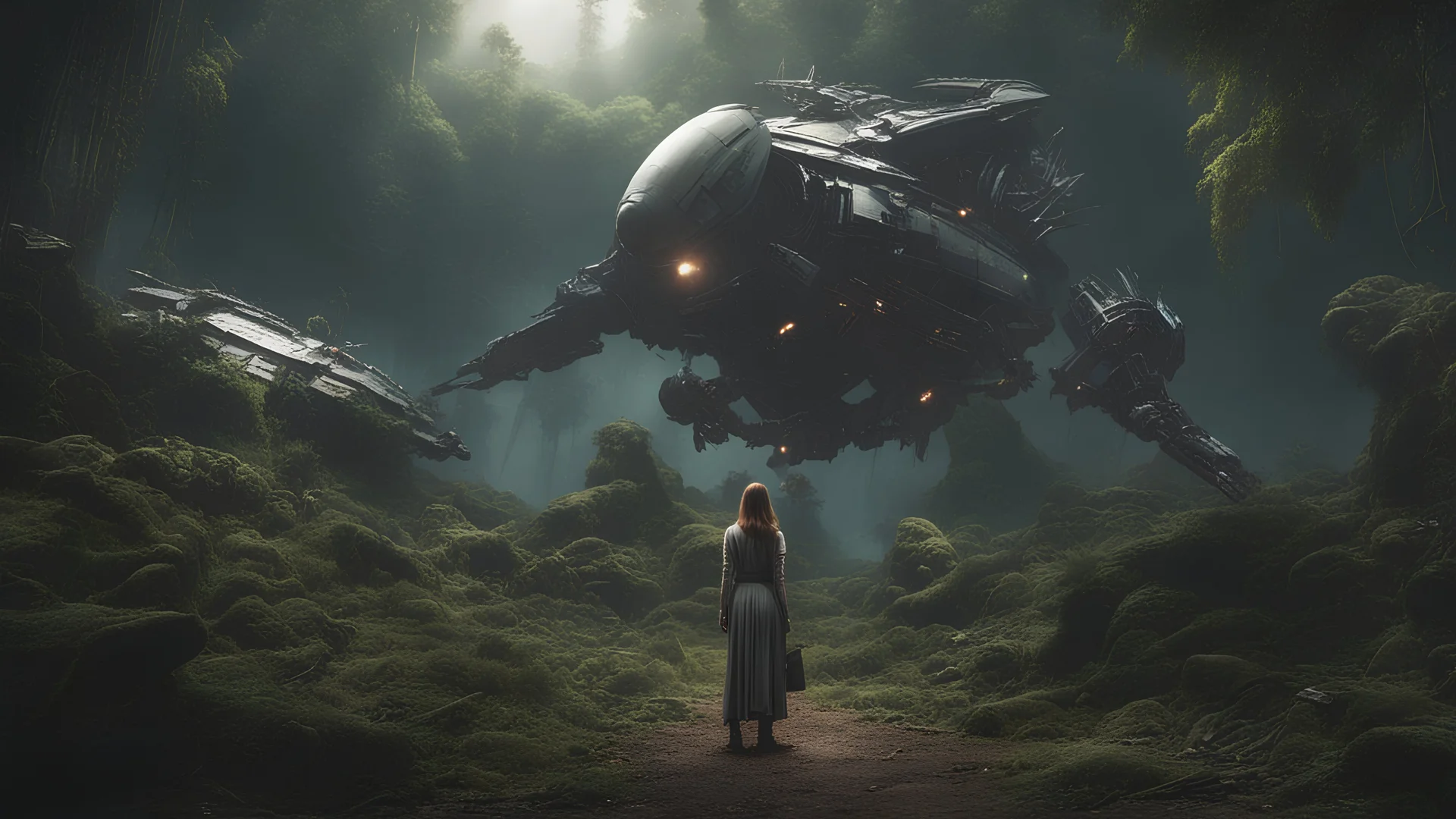 Wide-angle, woman with straight hair, dressed like a robot, with equipment in her hands, next to a crashed spaceship, in a clearing on an alien jungle world