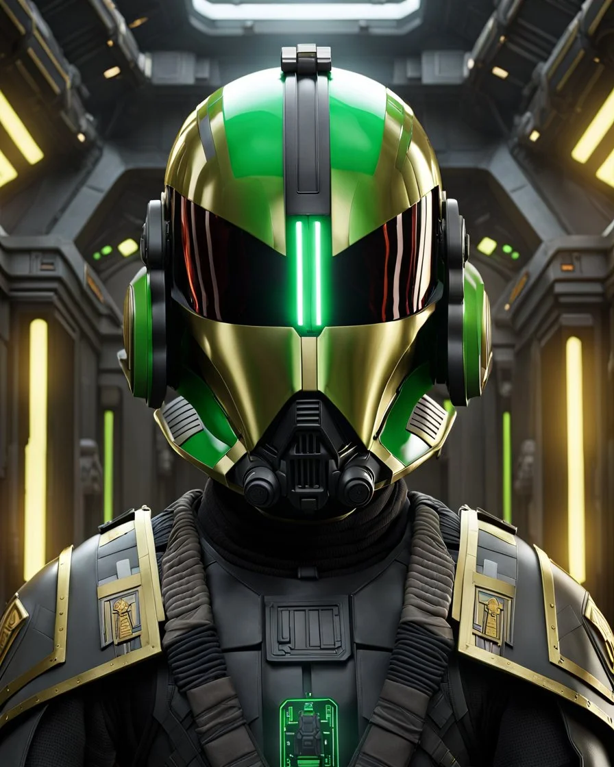 star wars bald male corellian pilot wearing black and bright gasoline green First Order special forces TIE pilot commando armored flightsuit and helmet with gold trim inside the jedi temple, centered head and shoulders portrait, hyperdetailed, dynamic lighting, hyperdetailed background, 8k resolution, volumetric lighting, light skin, fully symmetric details