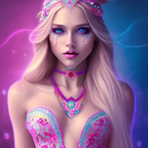 beautiful, soft, smiling face, whole head, long straight blonde hair blues eyes, crown on the head, clothing in transparent bluish and pink veil, background brillante bluish and pink, hight definition, 8K