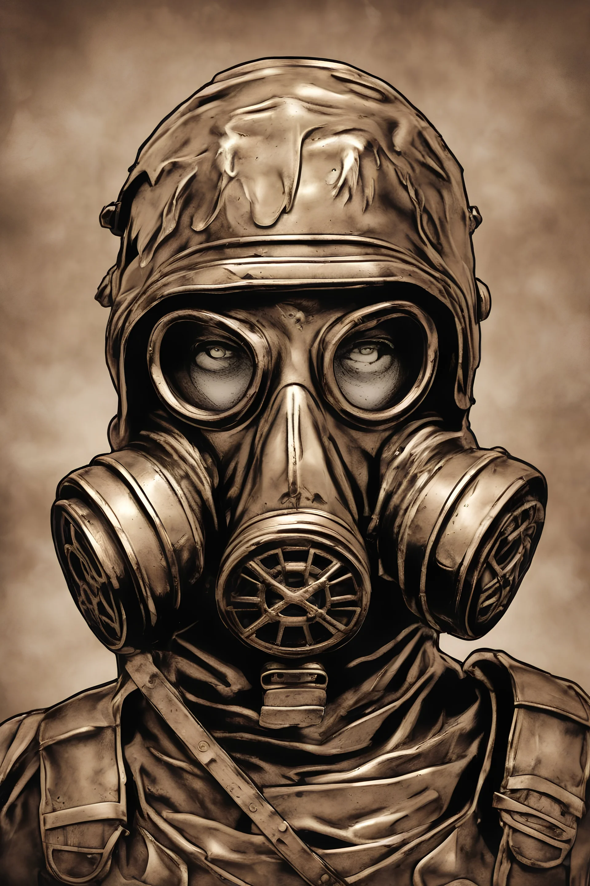 warrior portrait, Bronze metal gas-mask, comic style