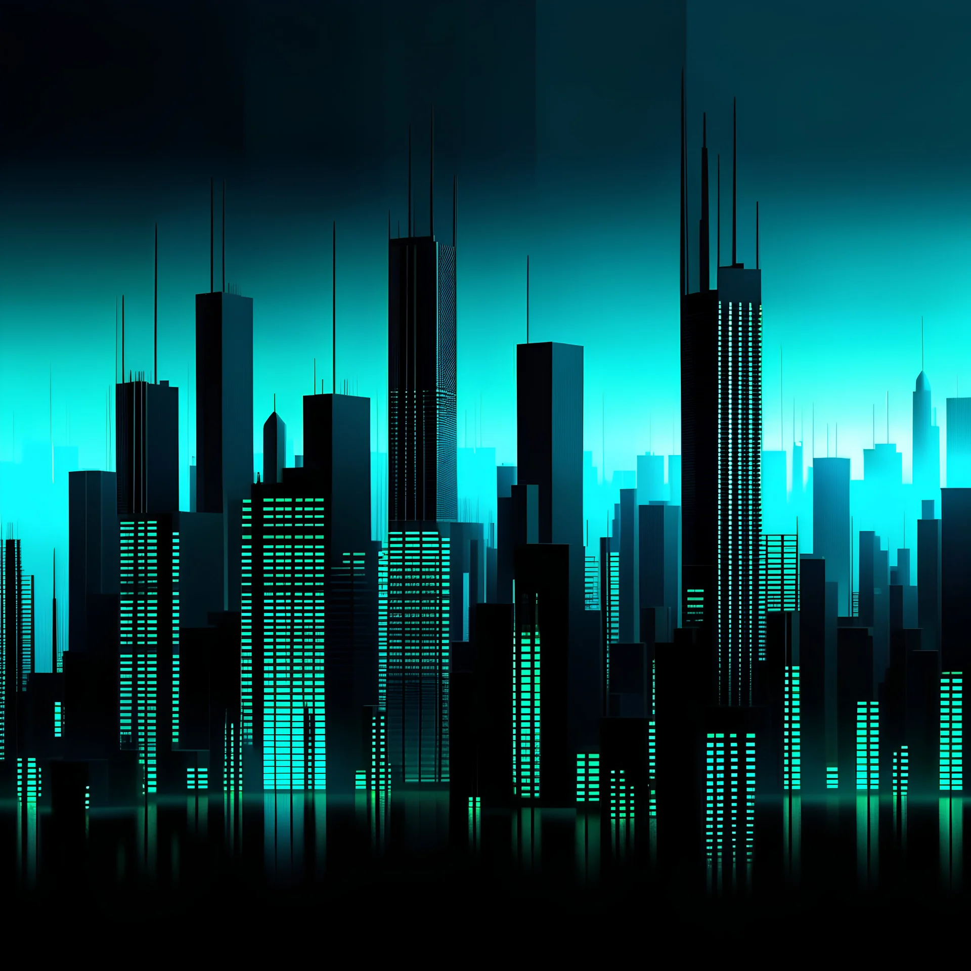 Digital illustration of a minimalist and digital city, colors are black, light blue and light green (#CCE7D5).
