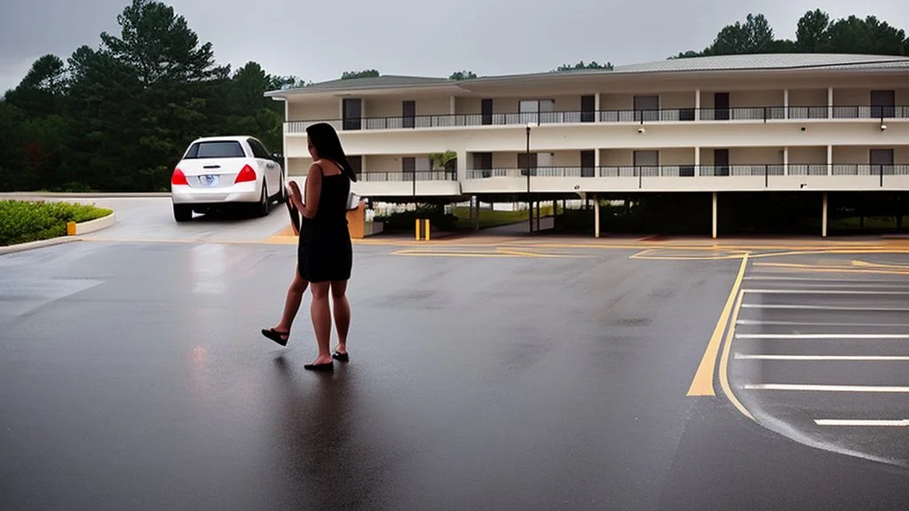 crying woman drives away from hotel building in parking lot