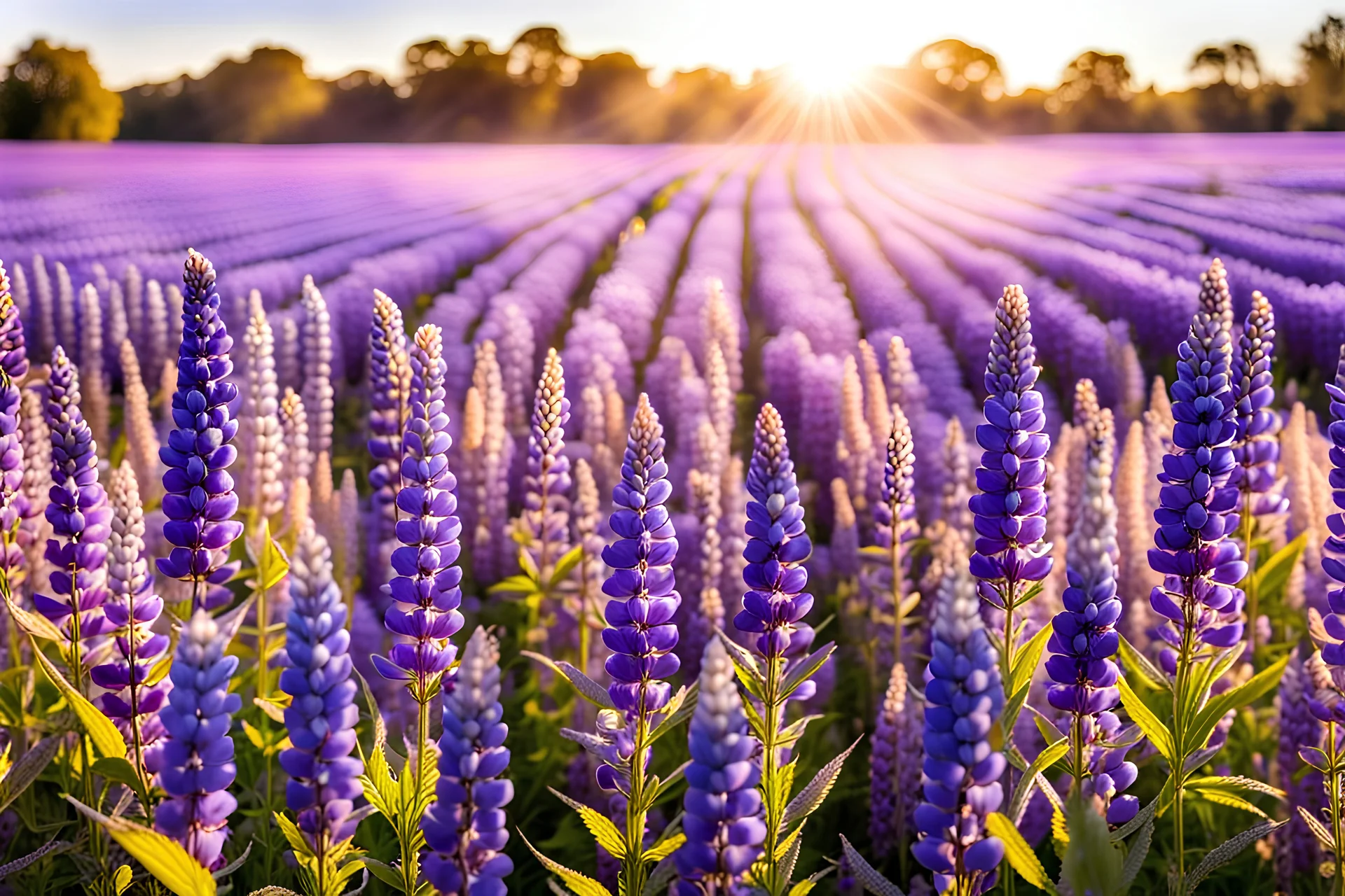 magic fields with lupins, parma or purple flowers, parma or blue light effects colors, sun, realistic, beautiful blooming trees in the summertime, lupins flowers, highly detailed, high contrast, 8k, high definition, concept art, sharp focus