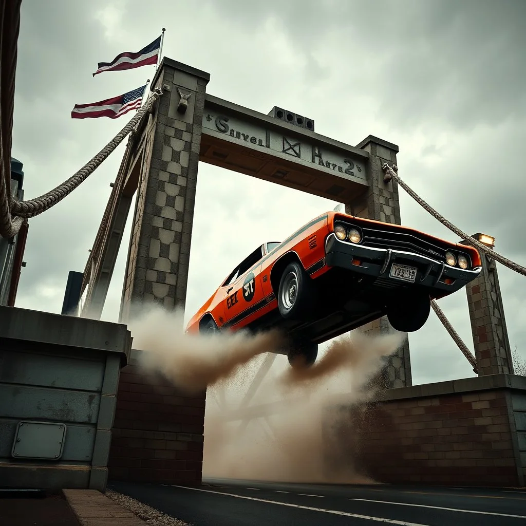 dramatic angle, dukes of hazard's general lee super car jumping over a drawbridge