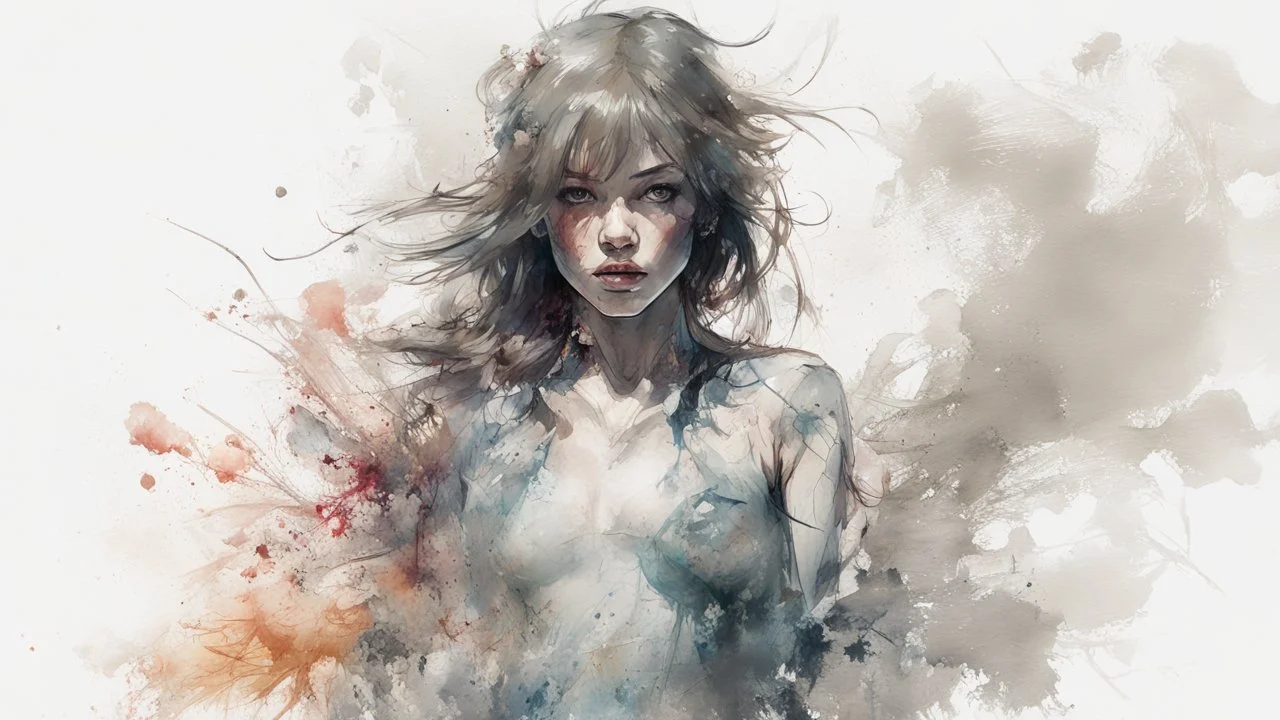 A gorgeous woman, full length portrait, perfect anatomy, hyper detailed digital painting, , Yoji Shinkawa, Ismail Inceoglu, Jeremy Mann, Carne Griffiths, splash art, watercolor ink splatter, oil on canvas, deep color, rich contrast, deviantart, Behance HD, Sketchlab