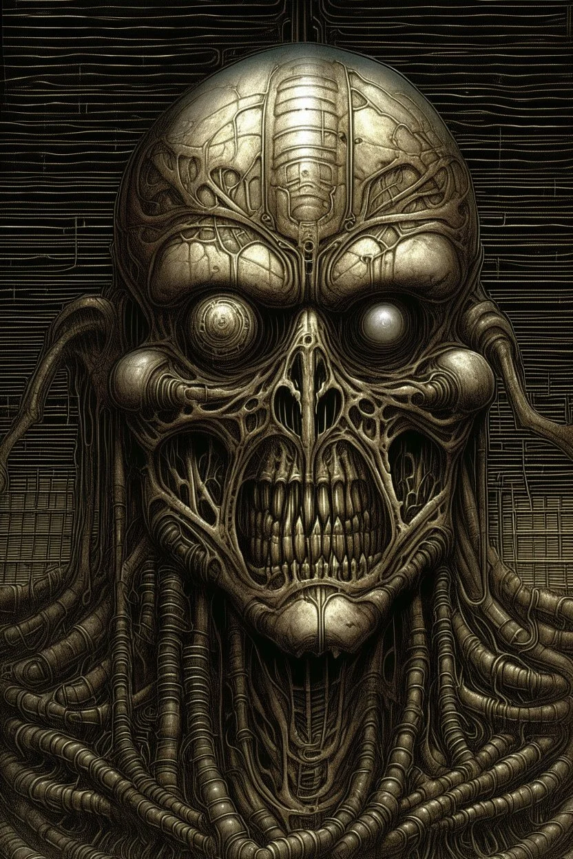 The man with iron silencer on his mouth . Scary face , decayed and rotting with grotesque proportions and imagery. abstract grotesqueries, detailed texture, surreal horror, biomechanical design, by hr giger and beksinski