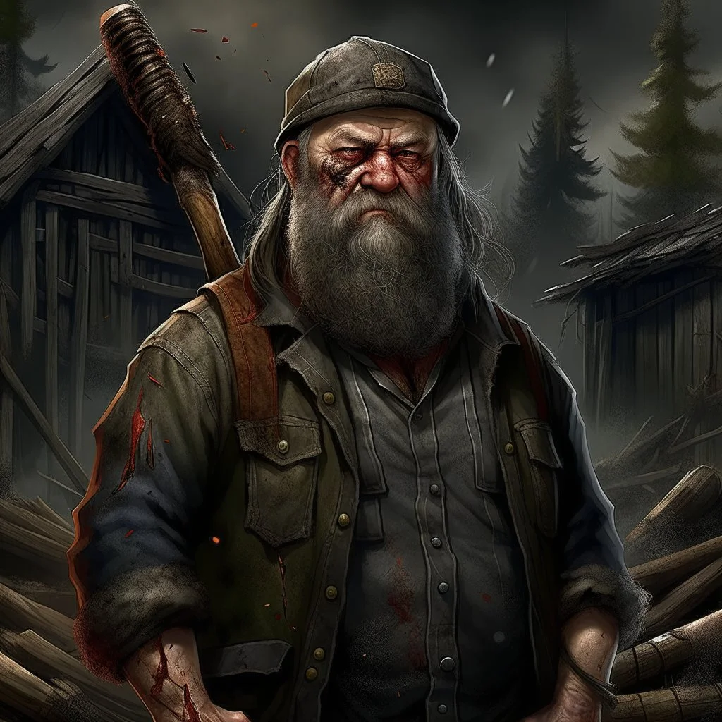 The large and furious lumberyard owner "Big K" grimdark realistic apocalypse survivor