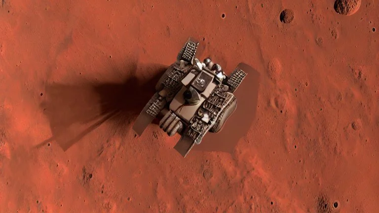 A Tesla's 'Model S Plaid' is racing at top speed, across the 'Cydonia' region, on planet Mars. CINEMATIC. WIDE ANGLE LENS.