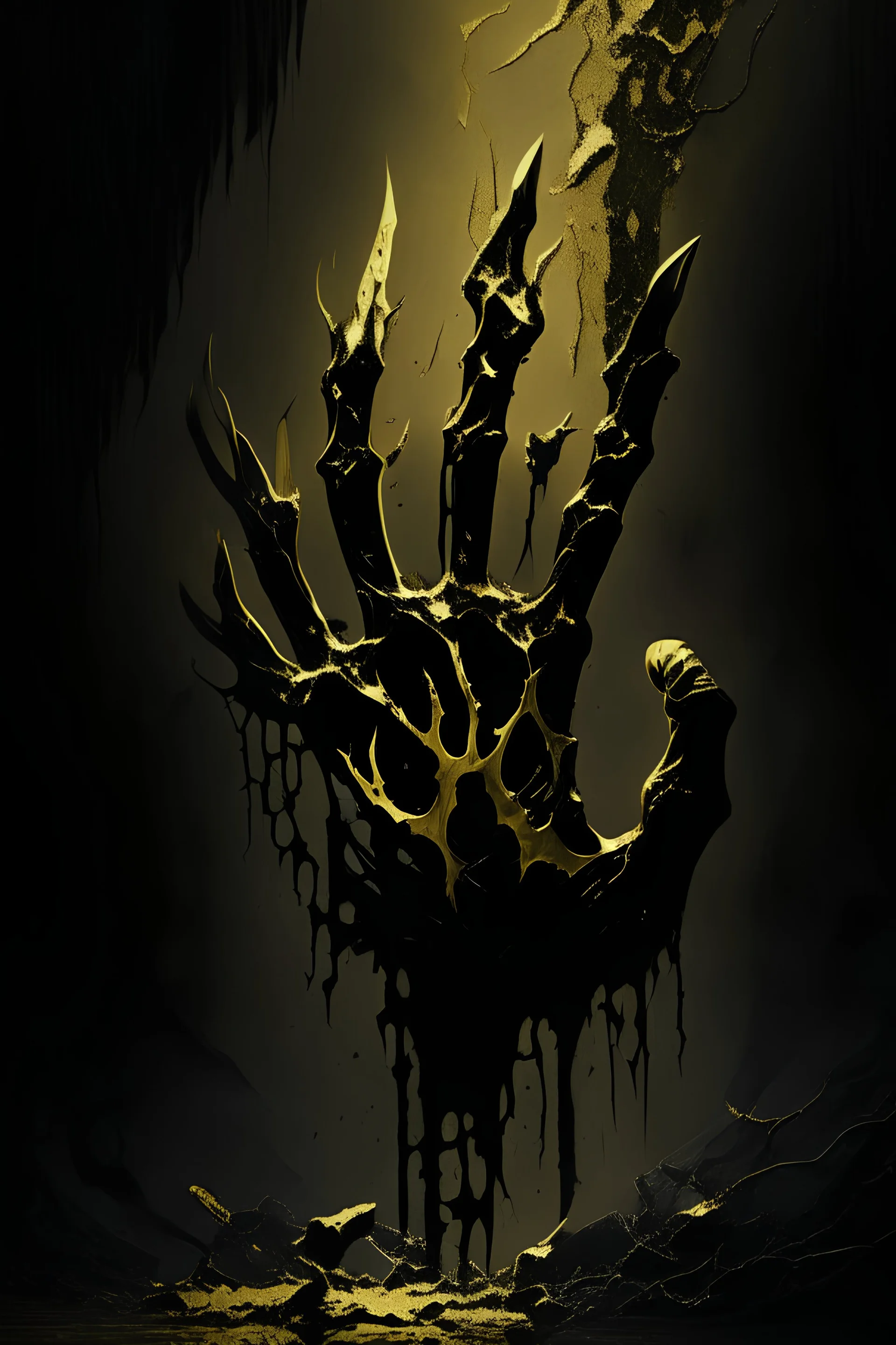 Bones from a demon's hand bathed in gold with black smoke of shadows rising from its cracks.