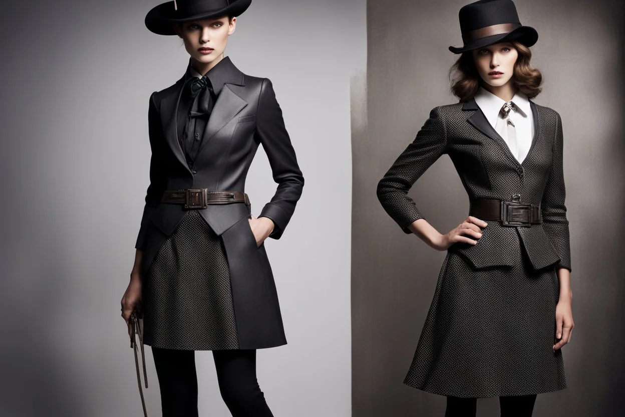 Индустриальная элегантность: облегающее платье или костюм из кожзаменителя или твида с металлическими вставками, ремнями с пряжками, небольшая шляпа или шляпа-котелок с сеткой или украшениями из шестеренок.