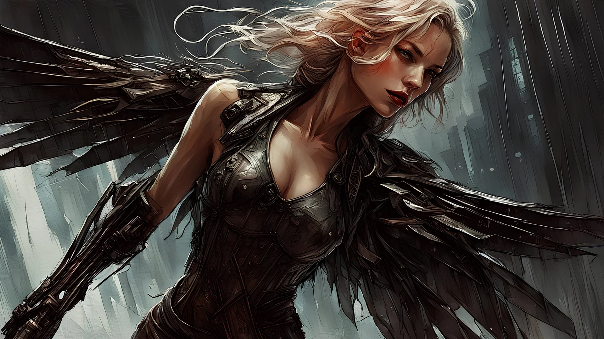 biomechanical women, beautiful, cyberpunk, dusty blonde, short square, large biomechanical black wings, sword, cybernetic, dynamic pose, rain, wind, ashes, flashes of fiery threads, sketch art, fine lines, grunge, sensual, darkness, dark colors, by Raymond Swanland & Alyssa Monks & Anna Razumovskaya