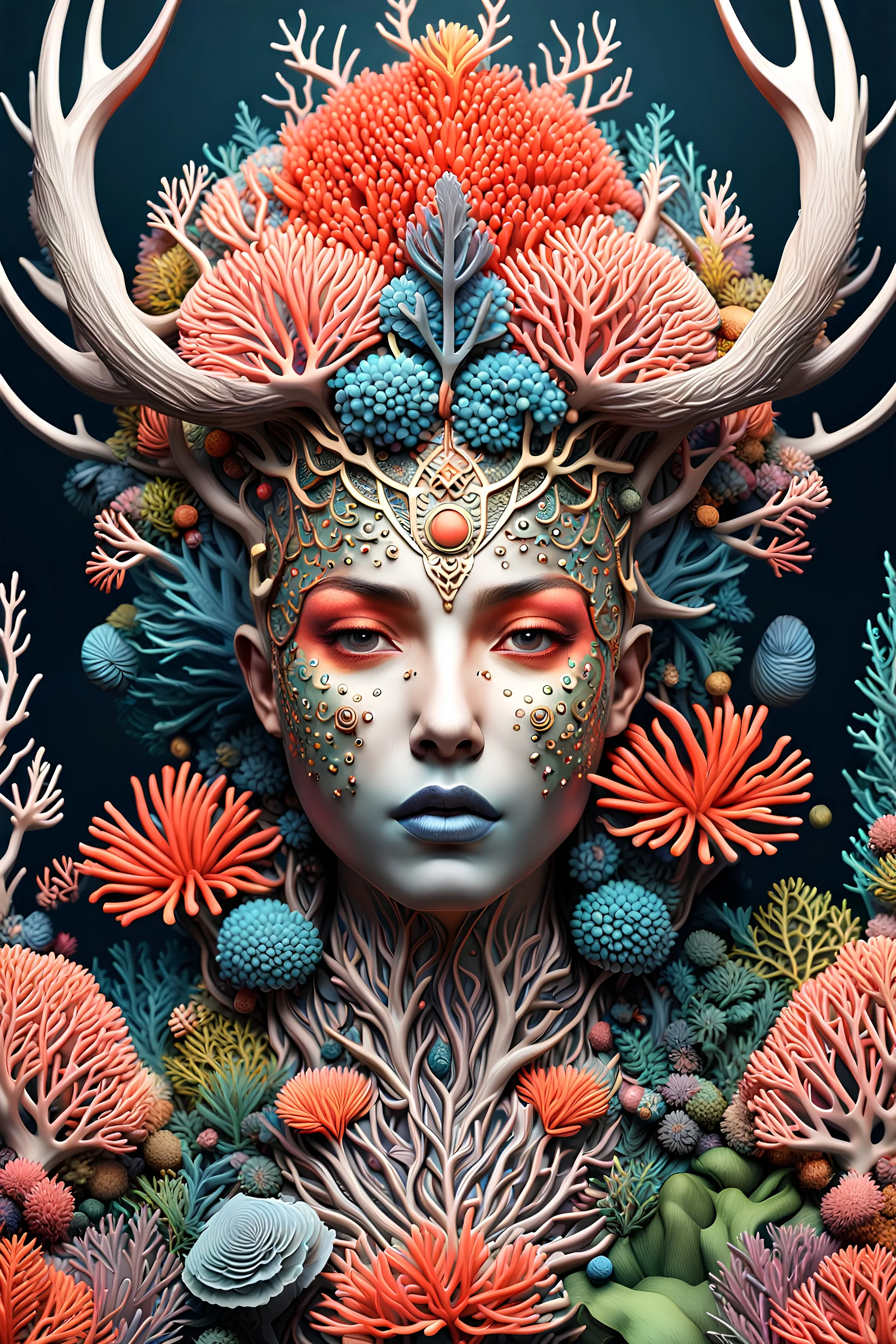 3D rendering of Expressively detailed and intricate of a hyperrealistic “coral”: front view, colorful, antler, rainforest, tribalism, detailed with flowers, surround, shamanism, cosmic fractals, dystopian, octane render, 8k post-production, detailled metalic bones, dendritic, artstation: award-winning: professional portrait: atmospheric: commanding: fantastical: clarity: 16k: ultra quality: striking: brilliance: stunning colors: amazing depth