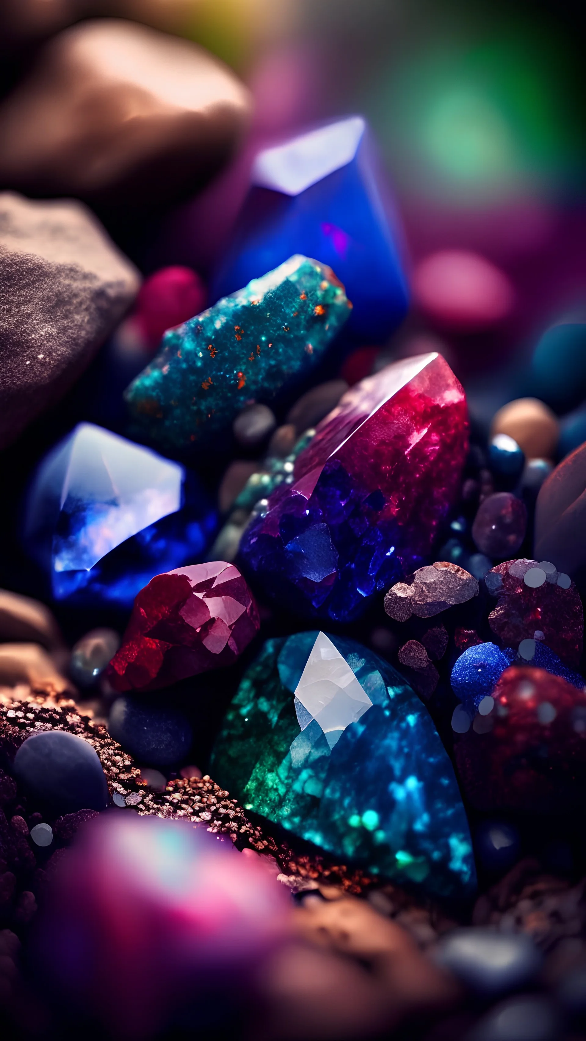 Lapis Lazuli,Rhodonite,Malachite,Amethyst,Garnet,Ruby stones on bokeh background