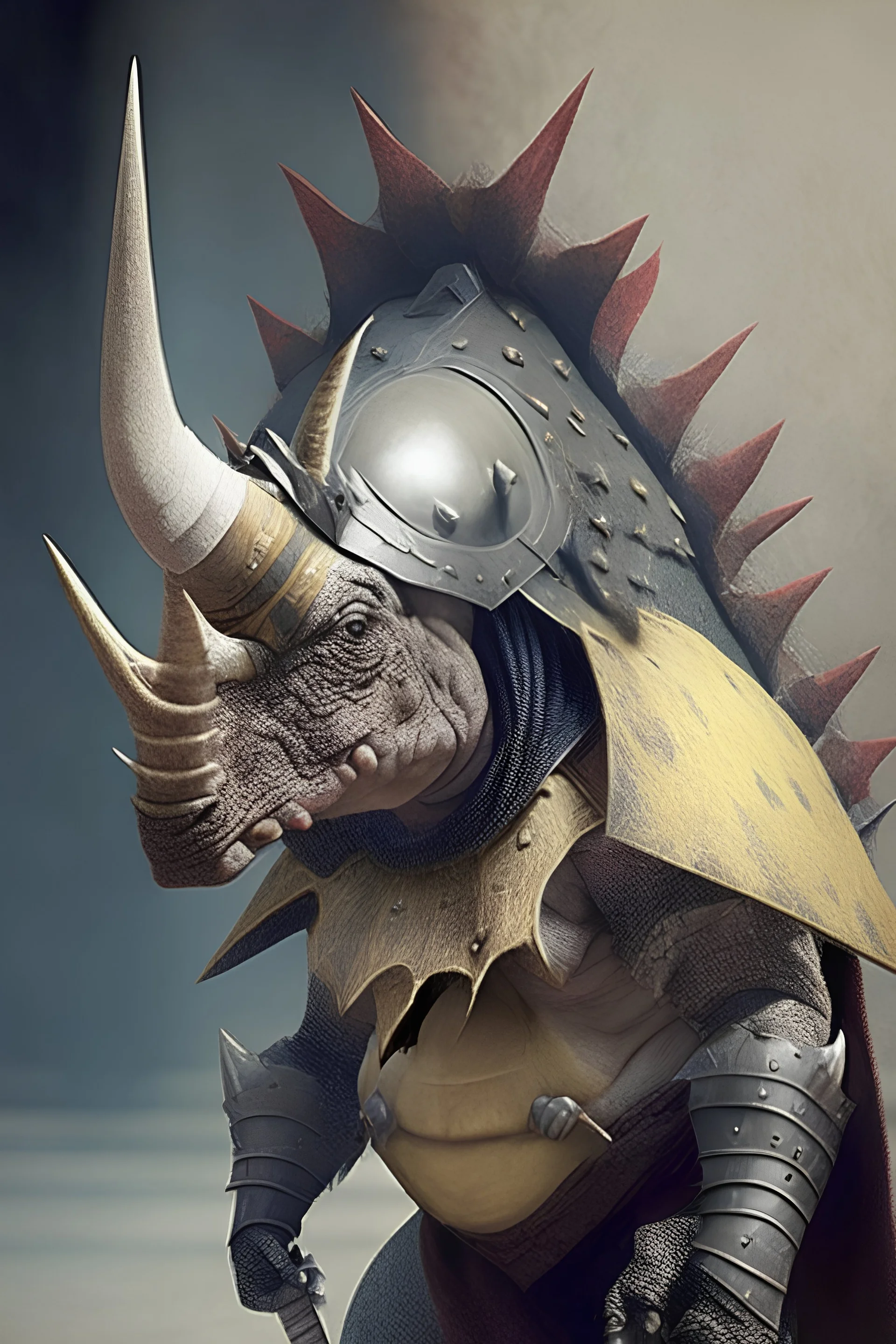 Imagem de um triceratops humanoide com roupa de gladiador.