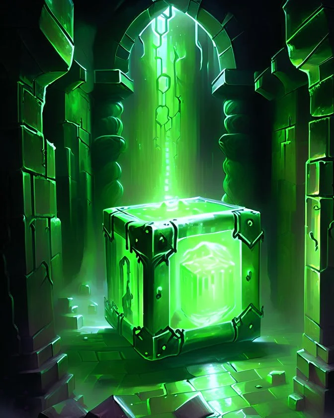 gelatinous cube in vast iron dungeon corridor lit with green torches rpg art painterly