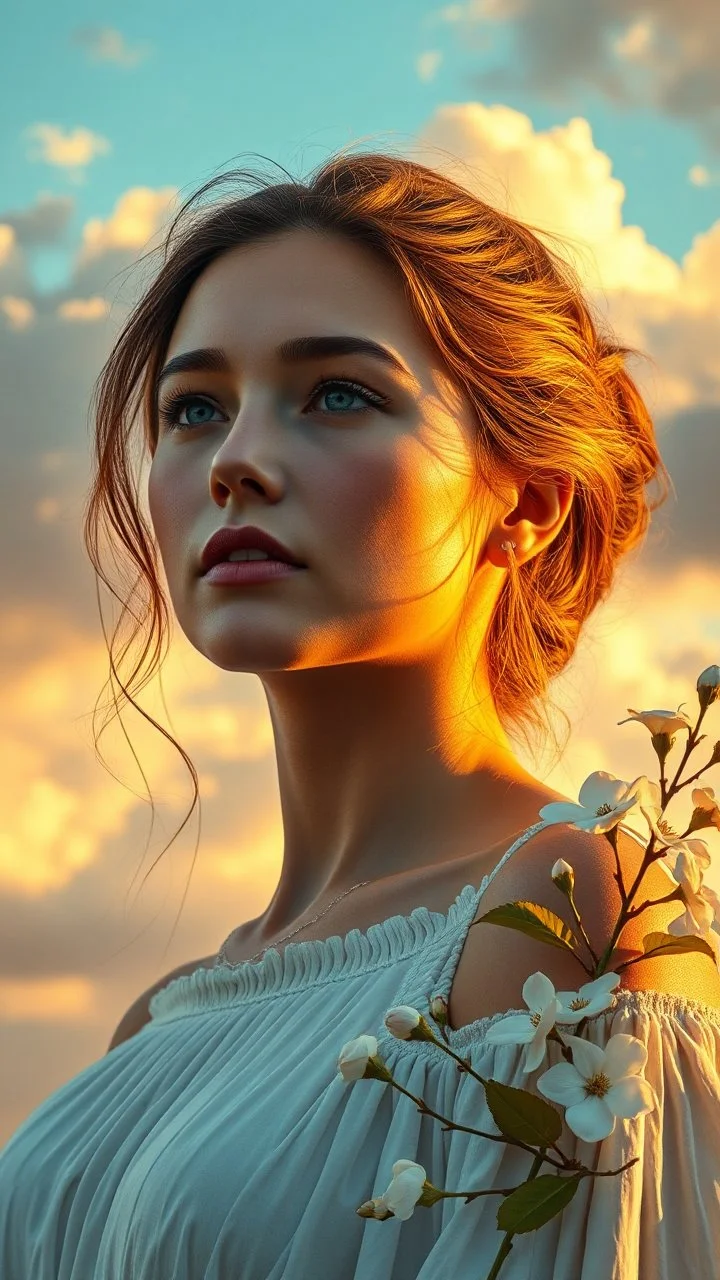 view of a very beautiful women at the golden hour with clouds at the sky with gold branch ,leaves and white flowers on the side ,oil paint style, ultra high definition quality , a realistic cloudy sky in the background in a wood