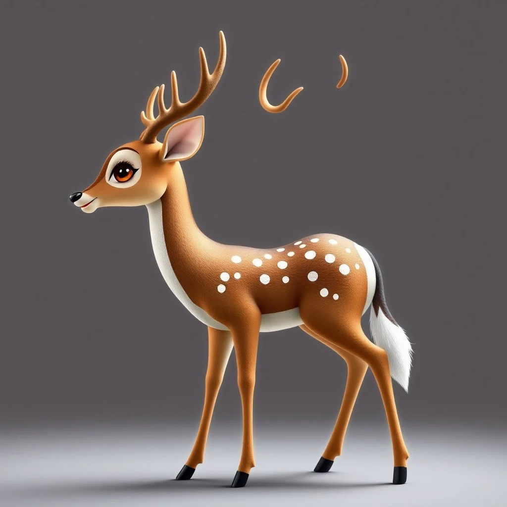 full body of a bald white tail deer with antlers, standing with big smile facing the left and big eyes looking to the left , tail upward, on flat background, in the style of 'My Little Pony' and Bambi, fantastic lighting