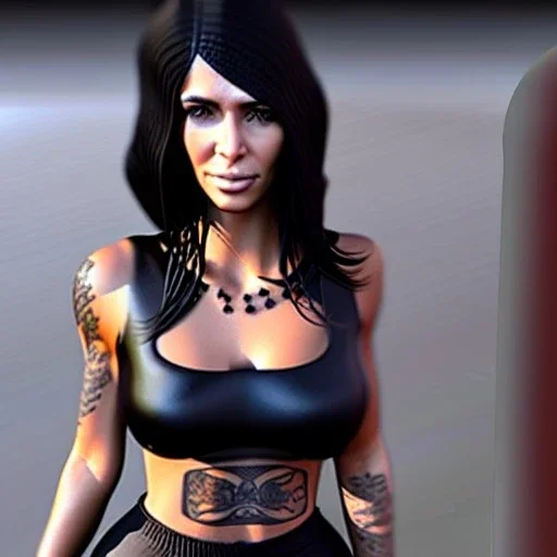 Kim Kardashian in a skirt with tattoos stem punk very detailed cinematic unreal engine photo realistic