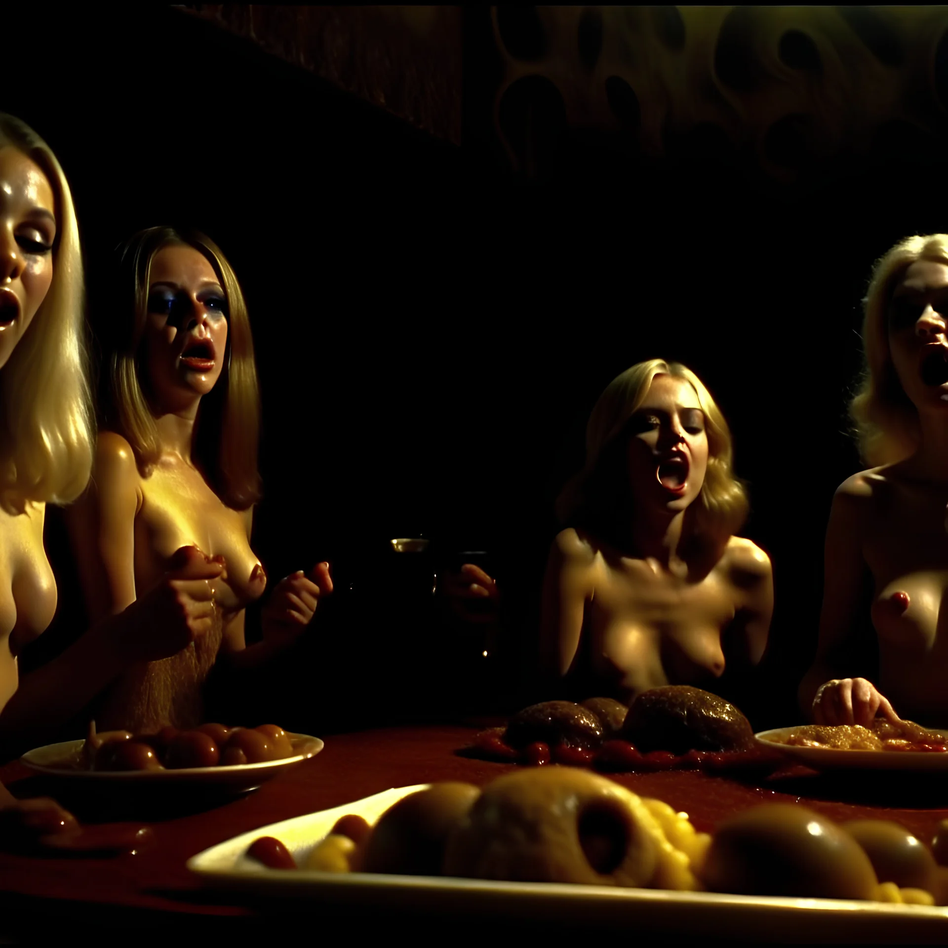 Horror movie shot, spooky, hot, ultra realistic, dine, ultra realistic hot blonde women, party, pieces of meat, organs, ail, dynamic, very excited people taking delight, hypermaximalist figures, light, 1970's Italian horror movie, sinister,, Dario Argento, Stanley Kubrik, ornate, 4k, photorealism