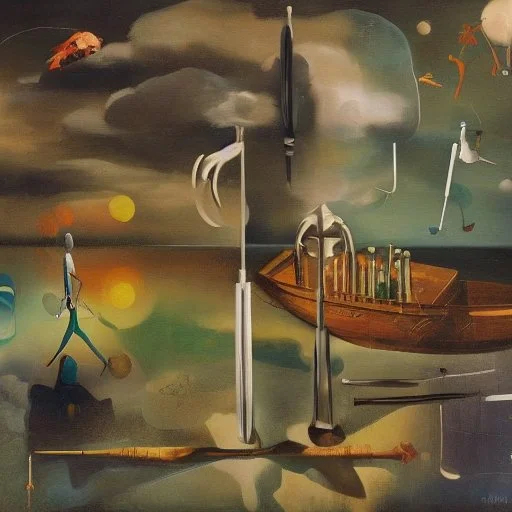 dusk landscape with lake,boat and human body, universe-like Soap Bubble,complex surgical instruments mixed with human body-like musical instruments,minimalism,Painting By Adrian Ghenie, Rene Magritte, Basquiat ,Salvador Dali, Lucian Freud, Jan Van Eyck