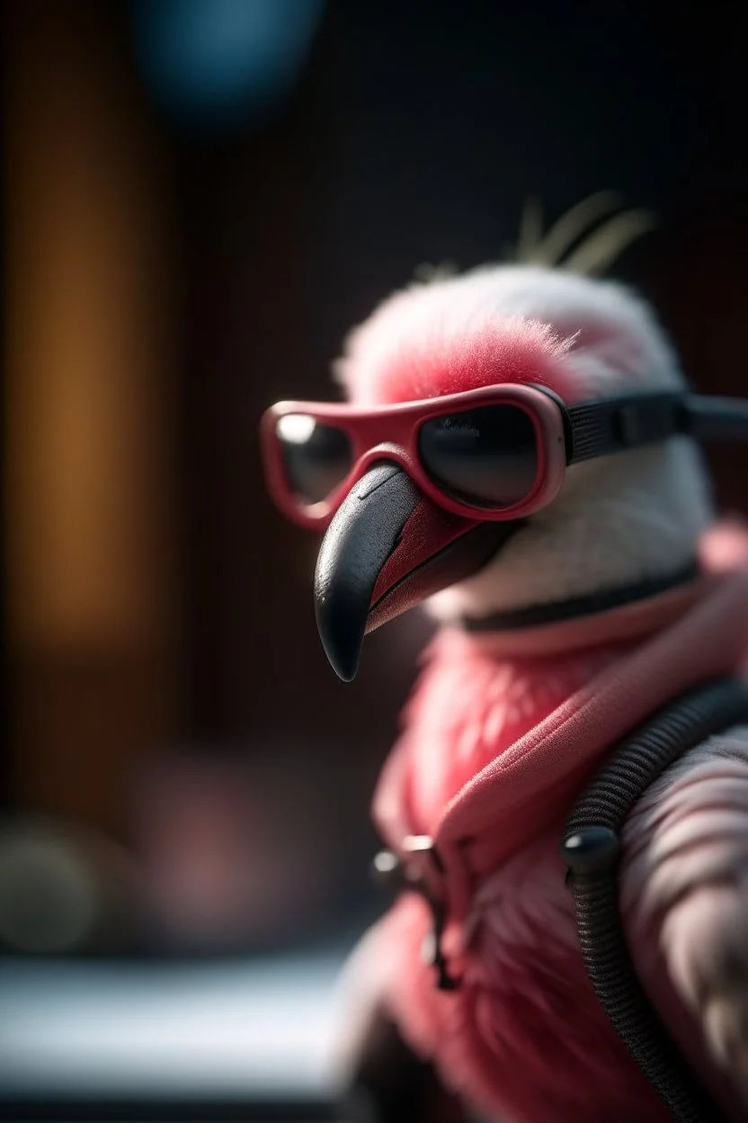 the samurai flamingo wearing googles skiing and talking on phone,shot on Hasselblad h6d-400c, zeiss prime lens, bokeh like f/0.8, tilt-shift lens 8k, high detail, smooth render, down-light, unreal engine, prize winning