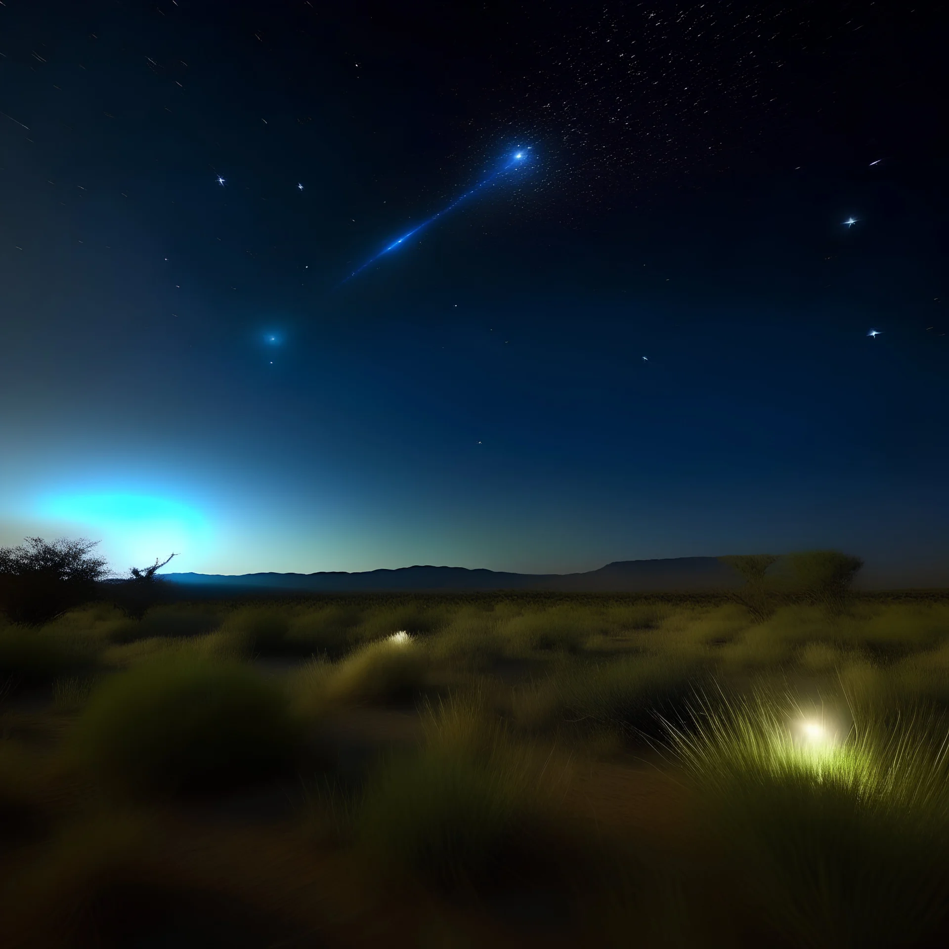 La llanura pampeana durante la noche, con luna llena y brillantes luciernagas volando sobre los yuyos