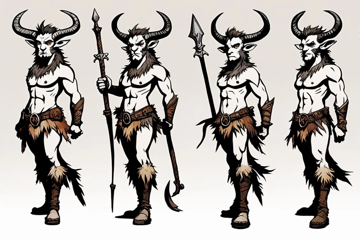 (PDF paper illustration by Ralph Steadman for Mini flat paper Figures to print and cut) three faun-satyr characters: “warrior,” “spell-caster” and “rogue” fantasy adventure archetypes. This is a downloadable set of paper minis that you print out, cut out and glue together yourself.