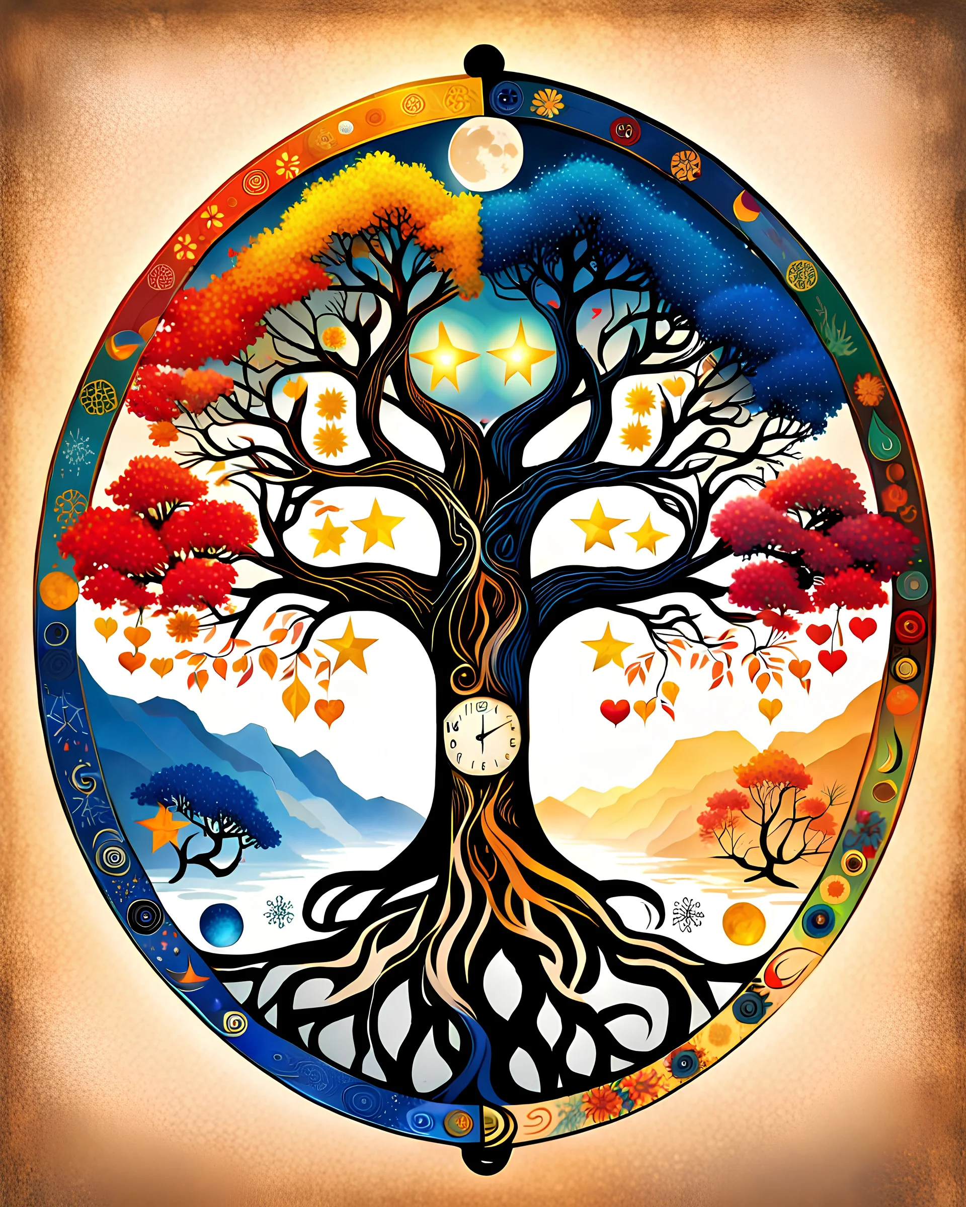 The tree of life consists of four seasons: spring, summer, autumn, winter, light, time, darkness, star, moon, sun, yang-ying, water, wind, soil, fire, love, blue, yellow, red, and black.