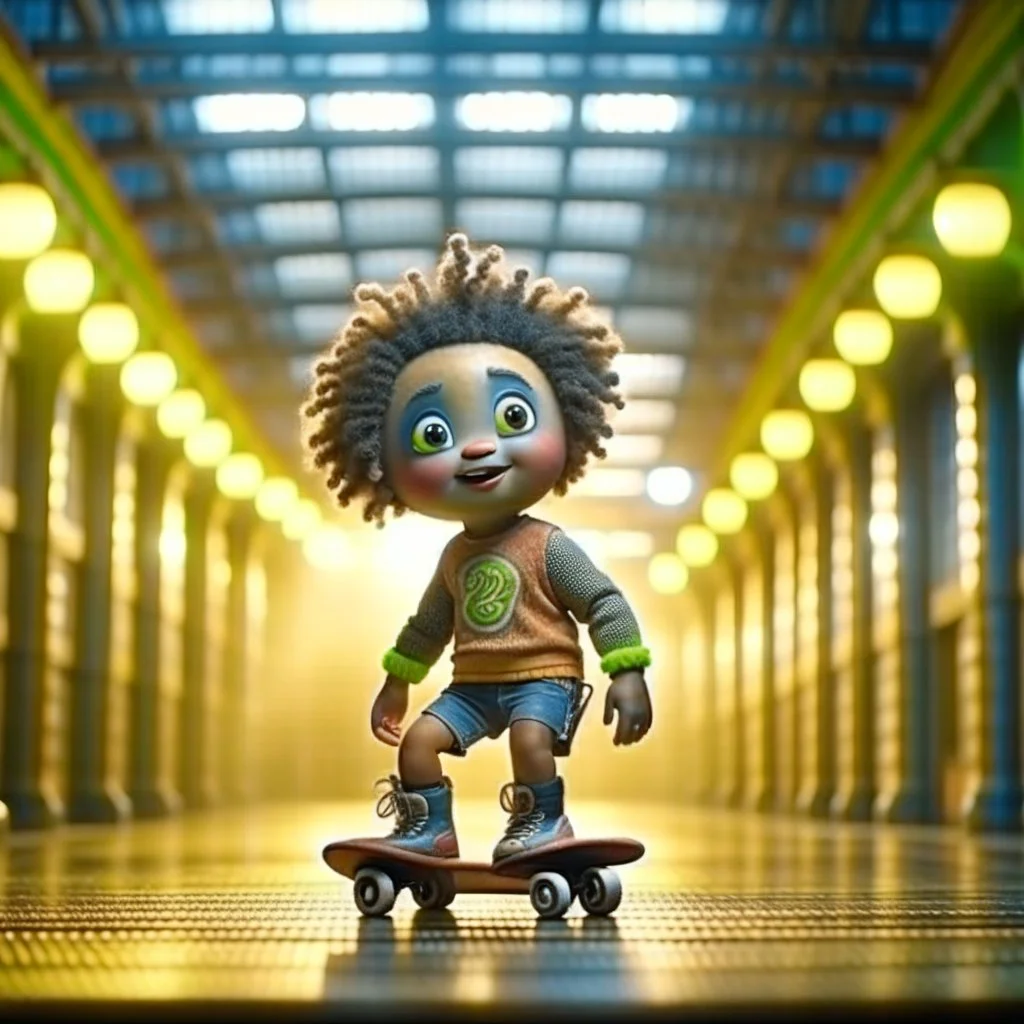 cute happy hairy afro punk chat robot with skateboard photo shoot in big train hall, 8k, downlight, soft light, depth of field, photorealism, trending on art station, lotsa detail, smoke and fog