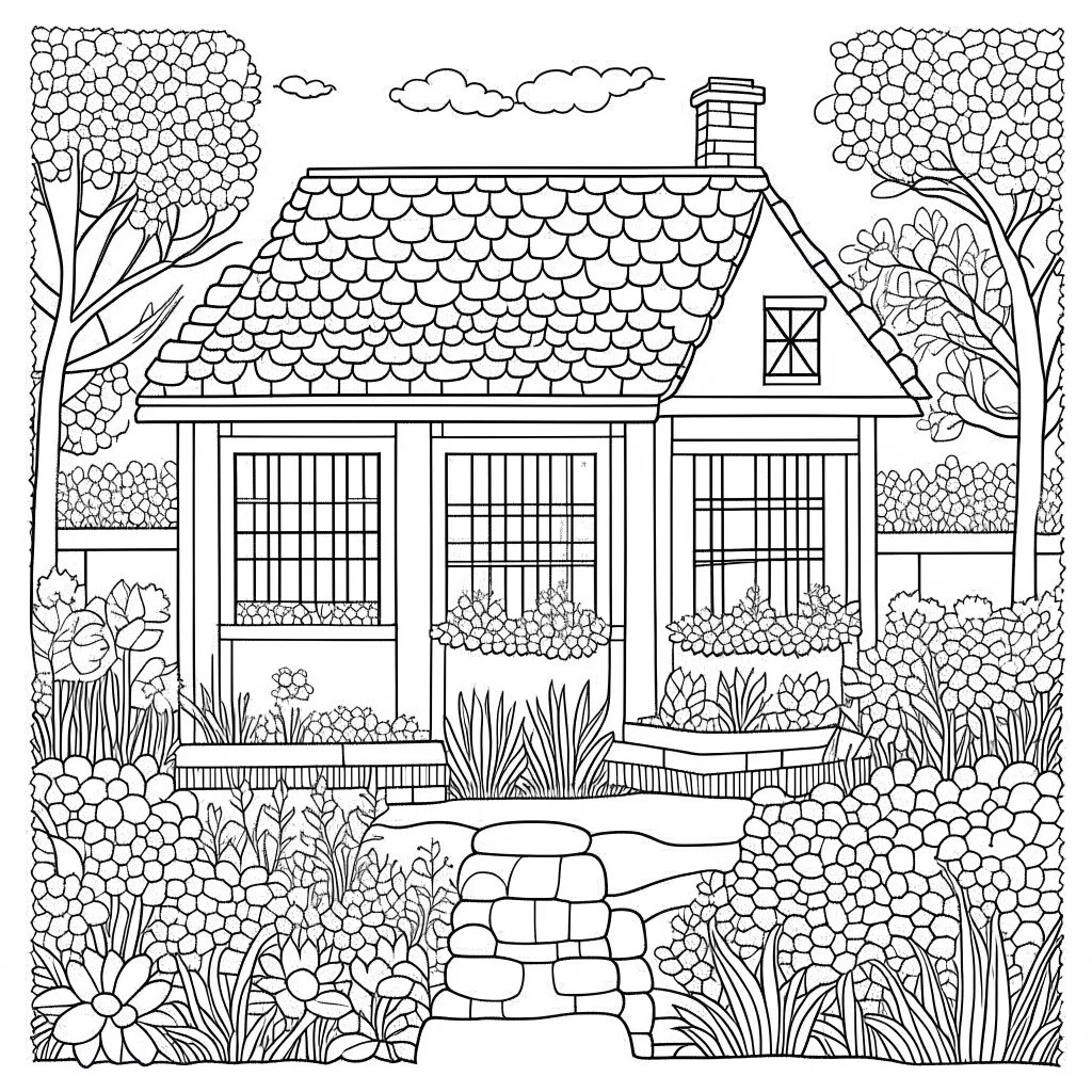 GARDEN HOUSE, "Secret Garden Retreat: Explore the charm of the Garden House, realistic, coloring page, only draw lines, coloring book, clean line art, wildlife-inspired, kid style, –no sketch, color, –ar 3:4, white background, minimalistic black lines, 8k, minimal black color, low level black colors, coloring page, use pure black and white colors, avoid thick black colors, thin black line art, avoid colors, perfect shape, perfect clear lines, clear edges, fill total edges, exact perfect edges,