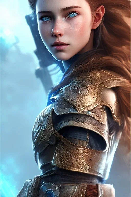 aloy forbidden west face, robotic armor, cristal brown eyes, portrait busty and face, light effects, particles, explosion fire,