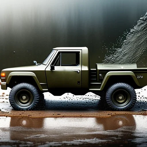 photorealistic shot, muddy military toy truck, monotone color palette, sharp focus, puddle reflection, tire water splash, refraction, mist on the horizon, shadowcast, detailed and intricate, cinematic composition, micro, tilt shift photography