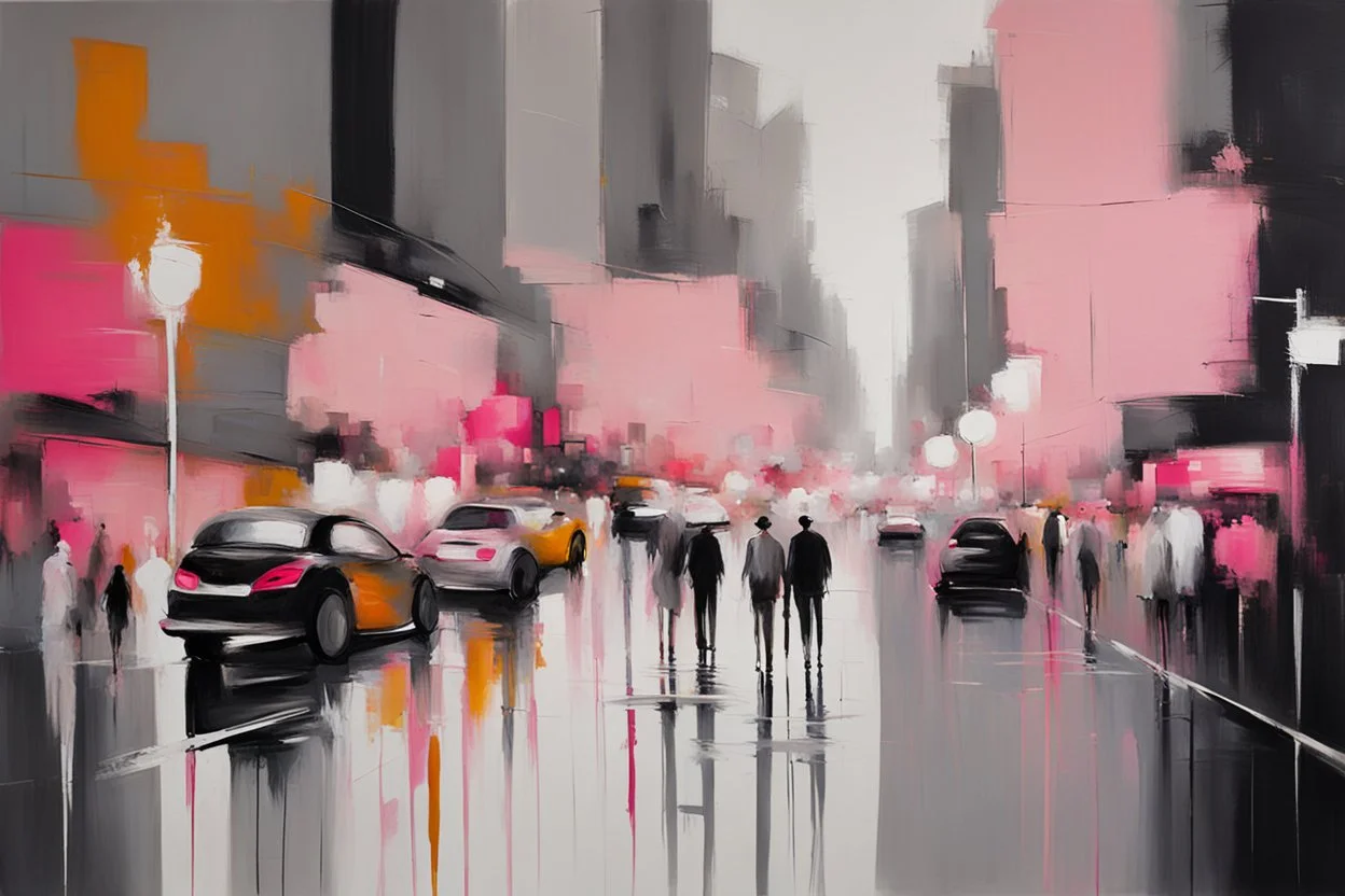 White, pink, and grey Abstract painting, city, people, impressionism painting