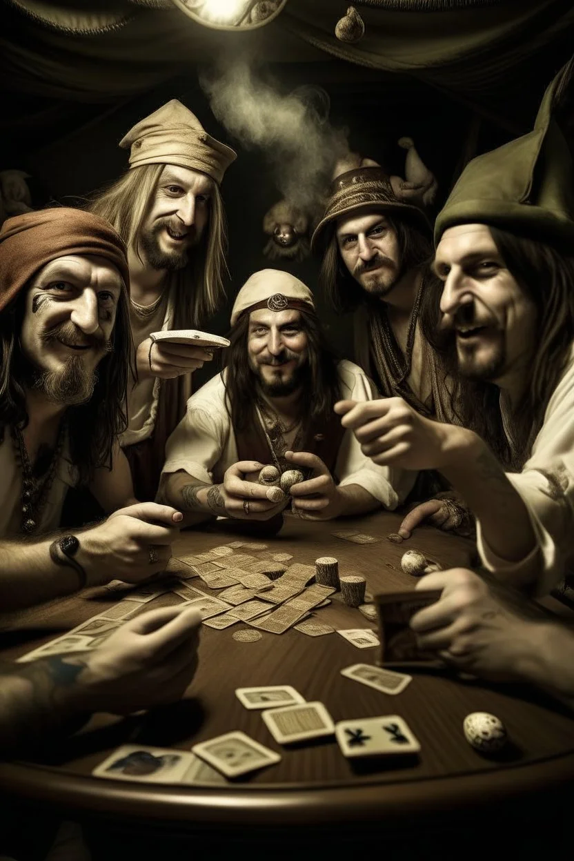 Jesus and some pirates friends smoking and playing cards, davinci. Surreal. Agony face, smile, scream. Fish eye lense camera.