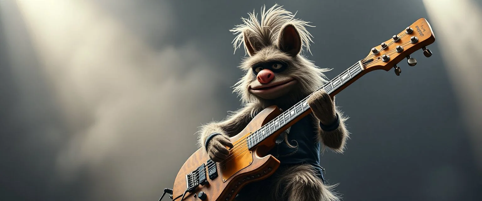 masterfully Gnoll muppet playing on one huge enourmous big guitar