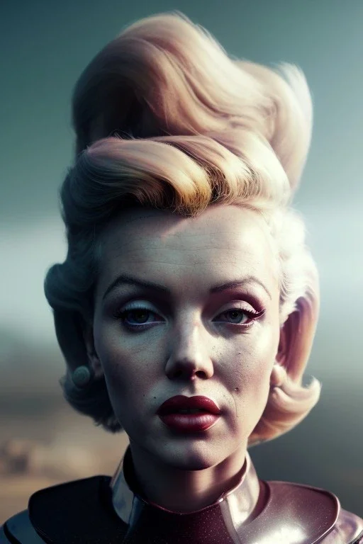 Ultra Realistic retro sci-fi scene, portrait, blonde woman, sweet young Marilyn Monroe face, perfect iris, tight latex coat, Strange planet background, Retro sci-fi style helmet, plants, birds, fog, rain, soft color, highly detailed, unreal engine 5, ray tracing, RTX, lumen lighting, ultra detail, volumetric lighting, 3d, finely drawn, high definition, high resolution.