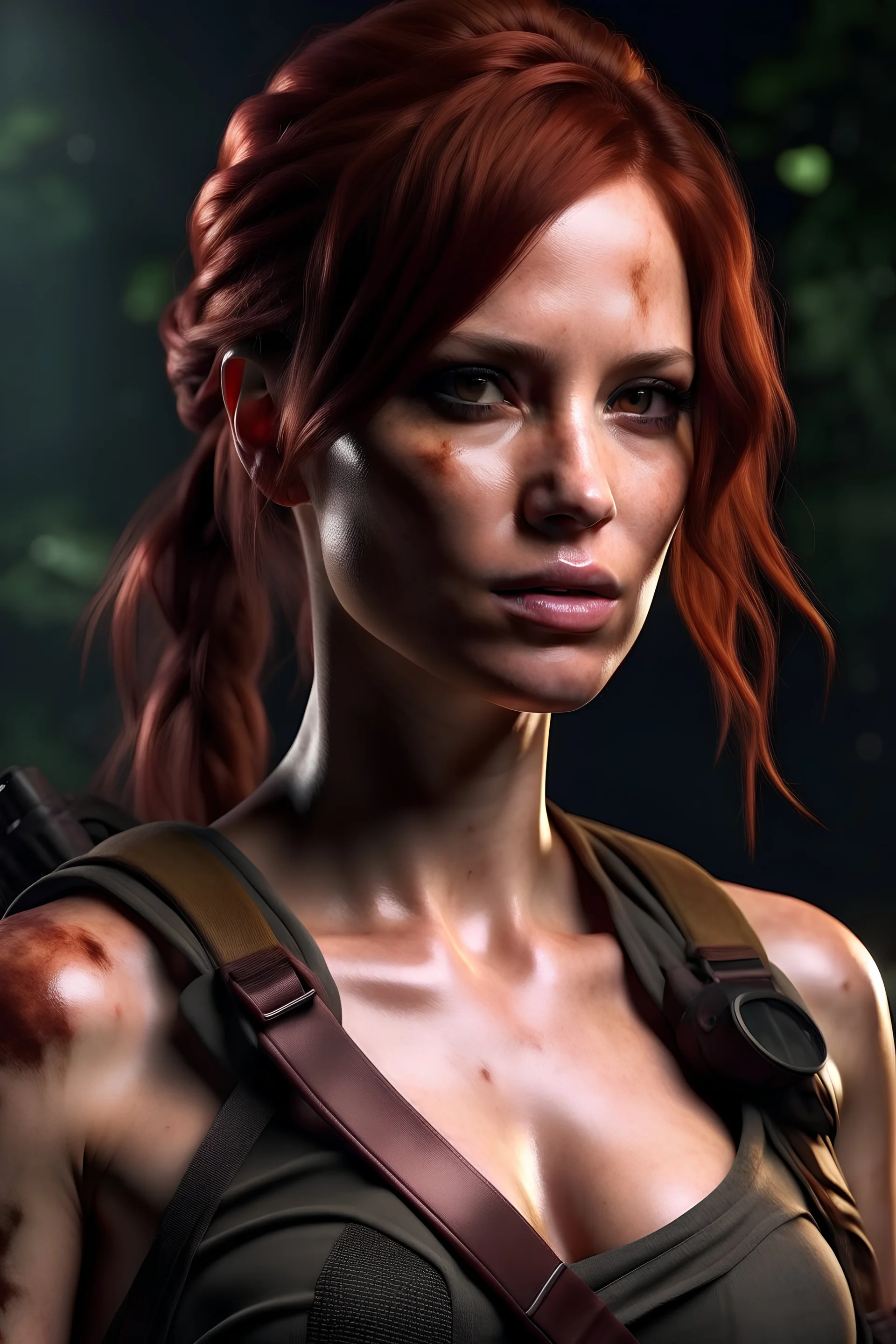 christina hendricks as tomb raider, ultra realistic, realistic skin, waist up photo