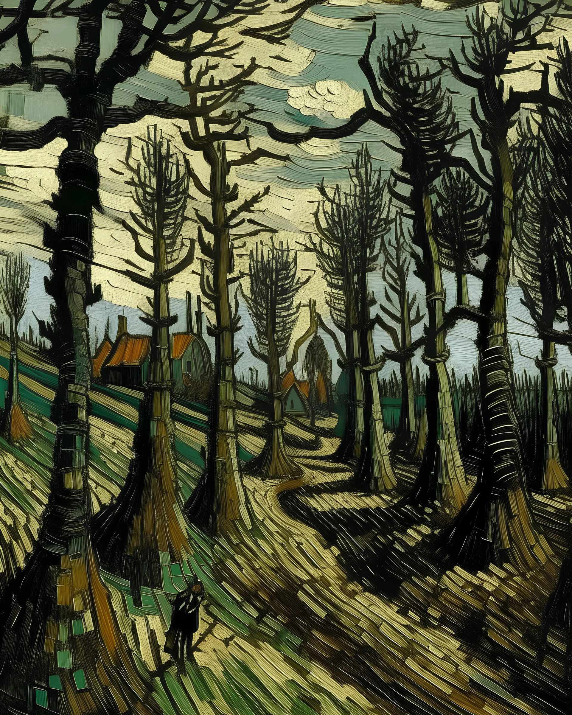 A black woods filled with windmills painted by Vincent van Gogh