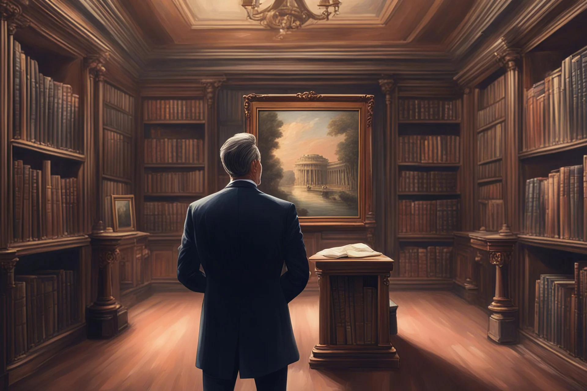 a rich man's back admiring more paintings and picture frames in front of him, he is alone in a library full of books