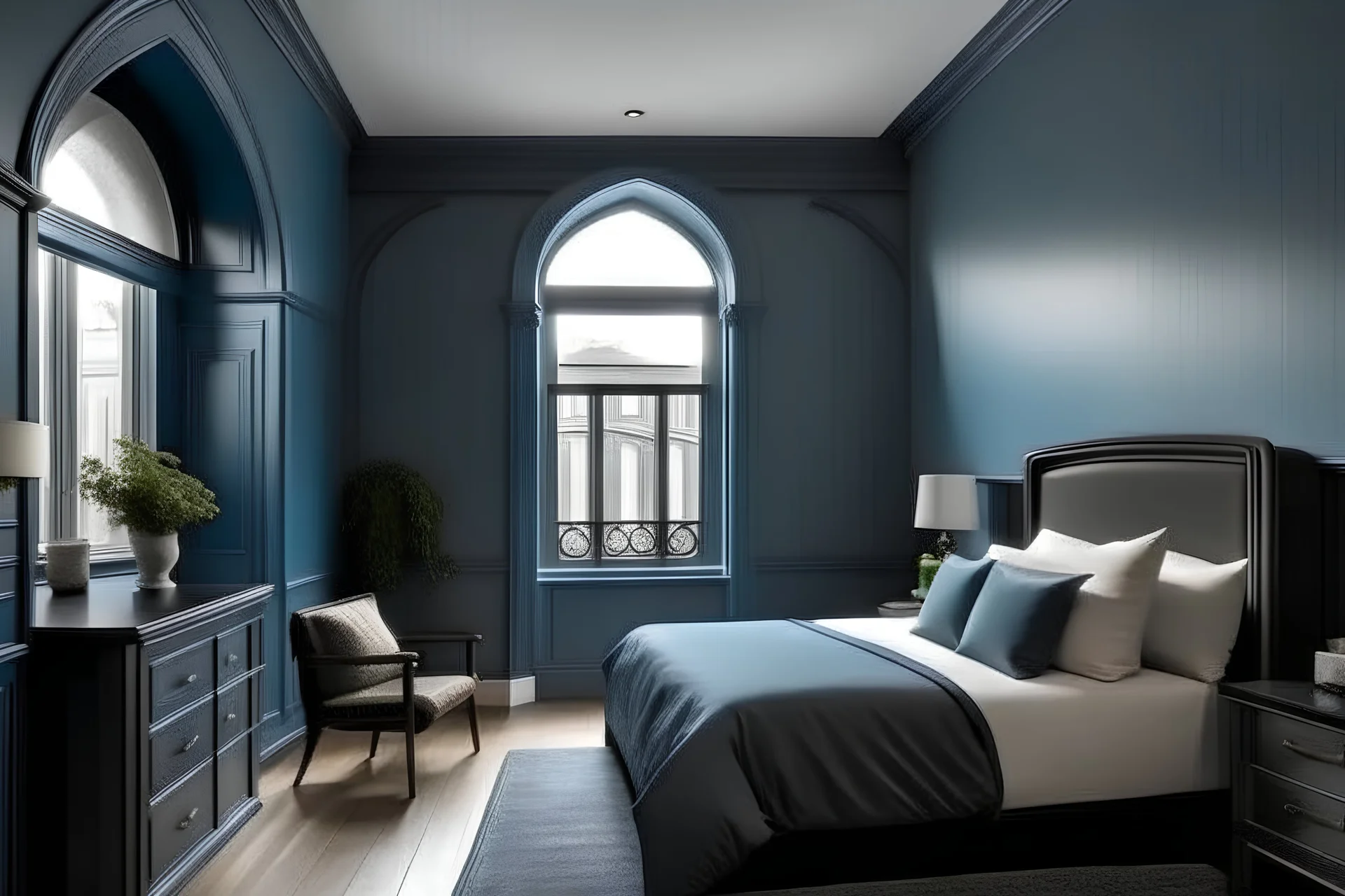 arched ceiling moody blue bedroom in the modern townhouse